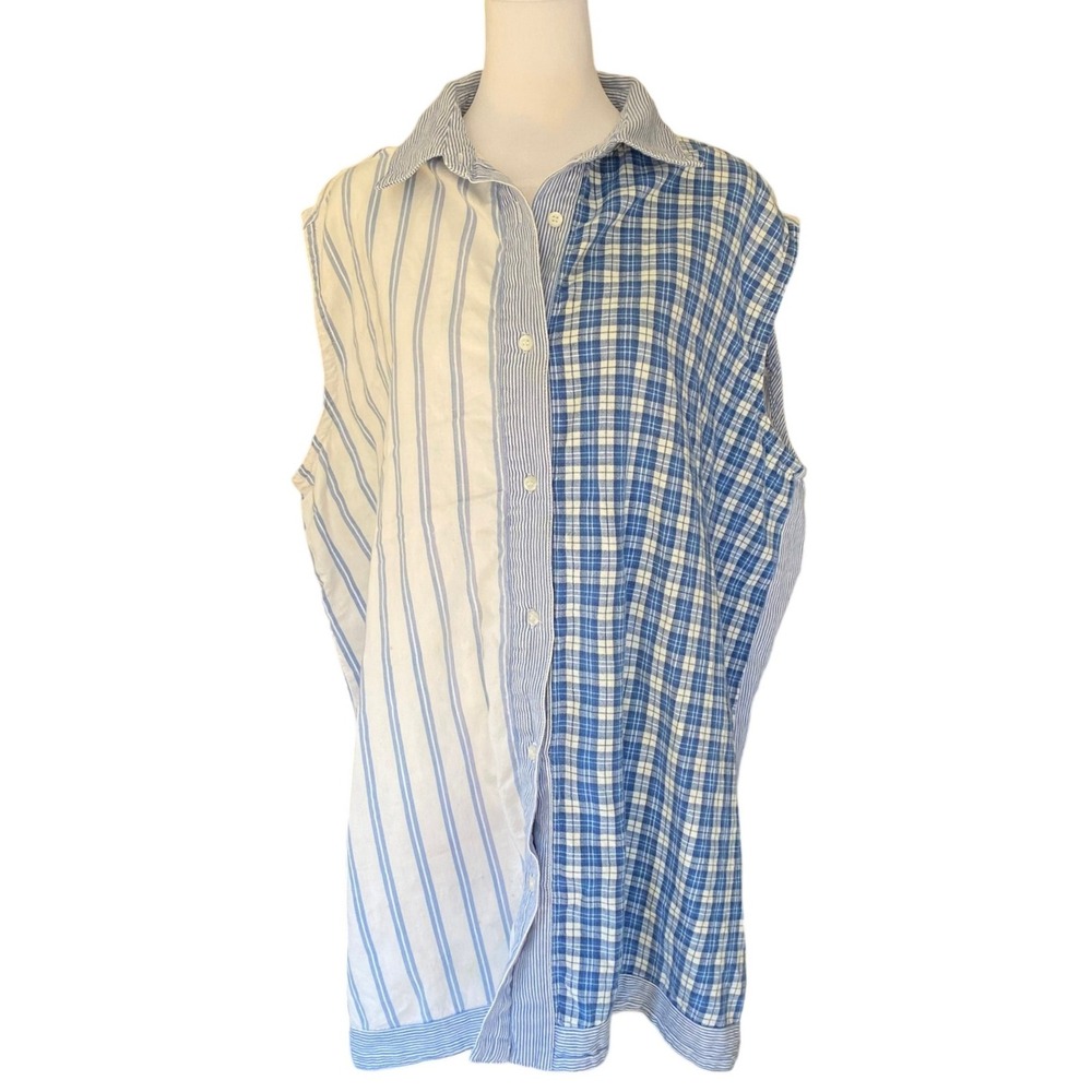 Vintage 90s‎ Patchwork Button Down Blue Tunic Shirt 24W Cotton Indie Americana